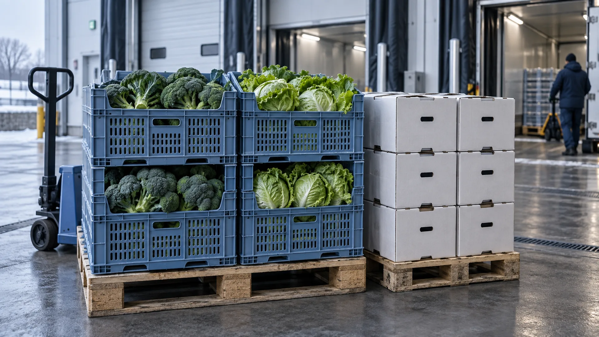 Illustratief AI-beeld: kratten groenten en verpakte levensmiddelen op pallets
