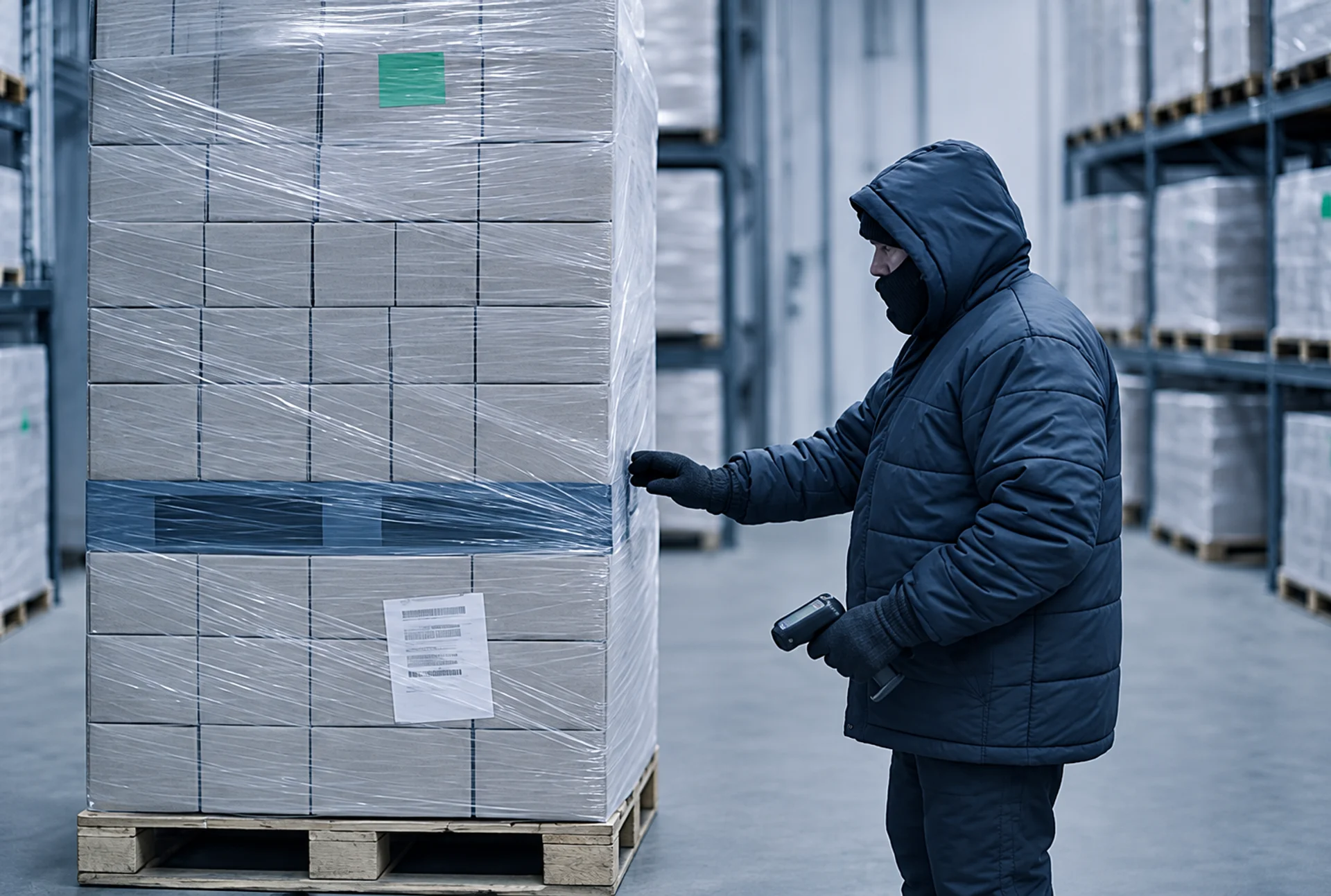 Man in beschermende kleding bij een pallet in een vriesruimte